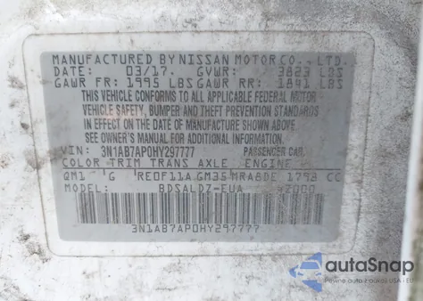 2017 Nissan Sentra Sv z USA, uszkodzony, nr VIN 3N1AB7AP0HY297777